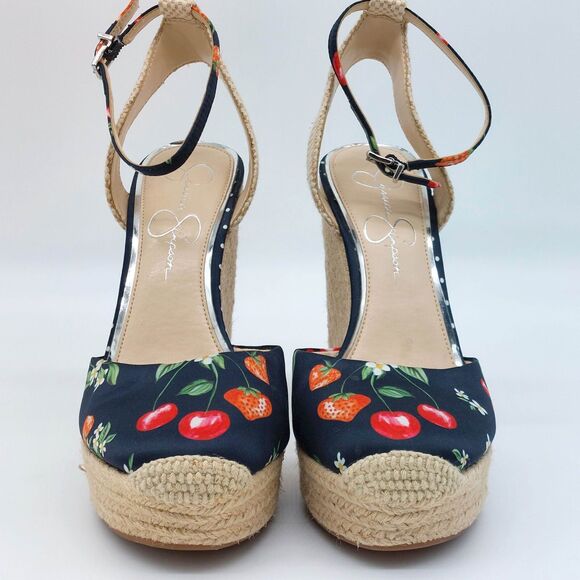 Jessica Simpson Platform Sandals Sz 8.5M Wedges Espadrilles Summer Satin Fruit - Picture 3 of 10